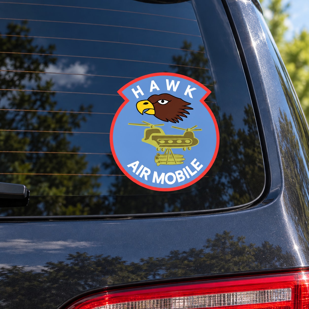 Round Hawk Air Mobile military sticker with hawk and tank graphic
