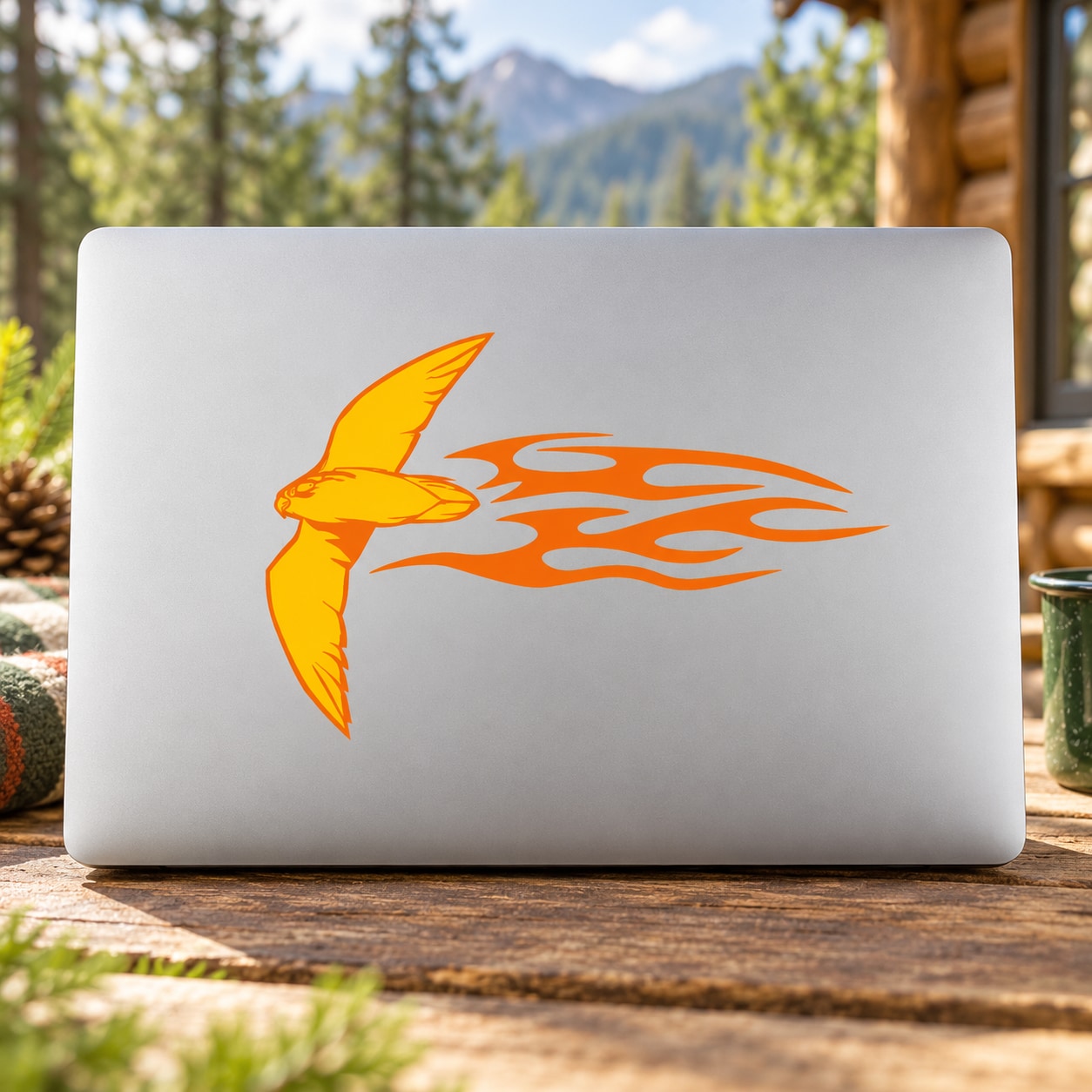 Soaring fire hawk sticker, orange flame wings and tail on white