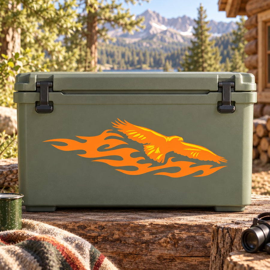 Orange fire hawk flame sticker with wings spread and flowing tail