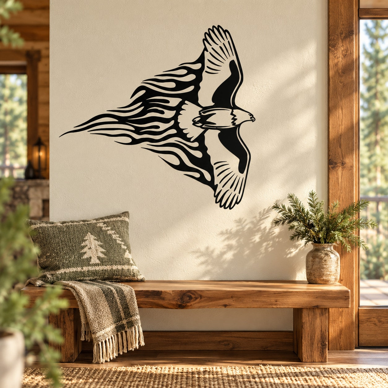 Hawk wall decal in black and white, stylized wings and side profile