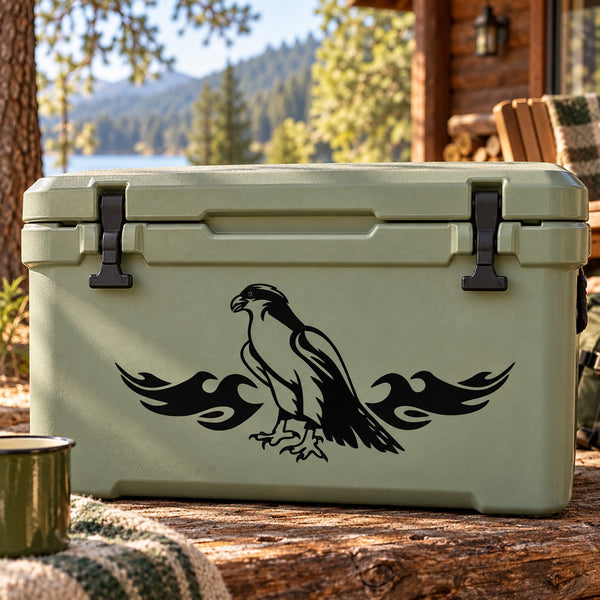 Sitting hawk decal with stylized wings on a light green outdoor cooler