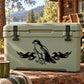Sitting hawk decal with stylized wings on a light green outdoor cooler