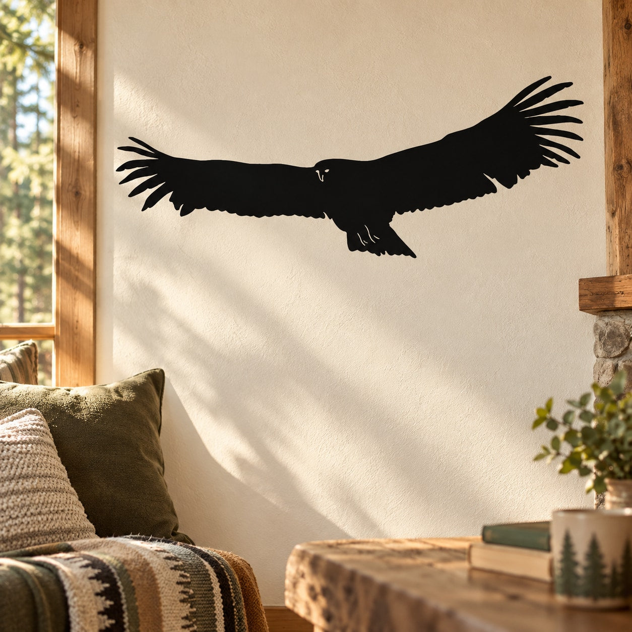 Large hawk flying wall decal in black silhouette