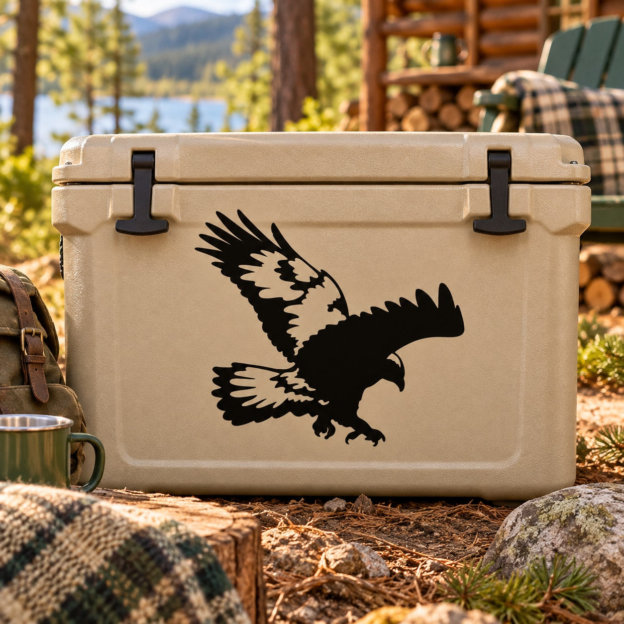 Black hawk stretching wings decal with bold feather silhouette