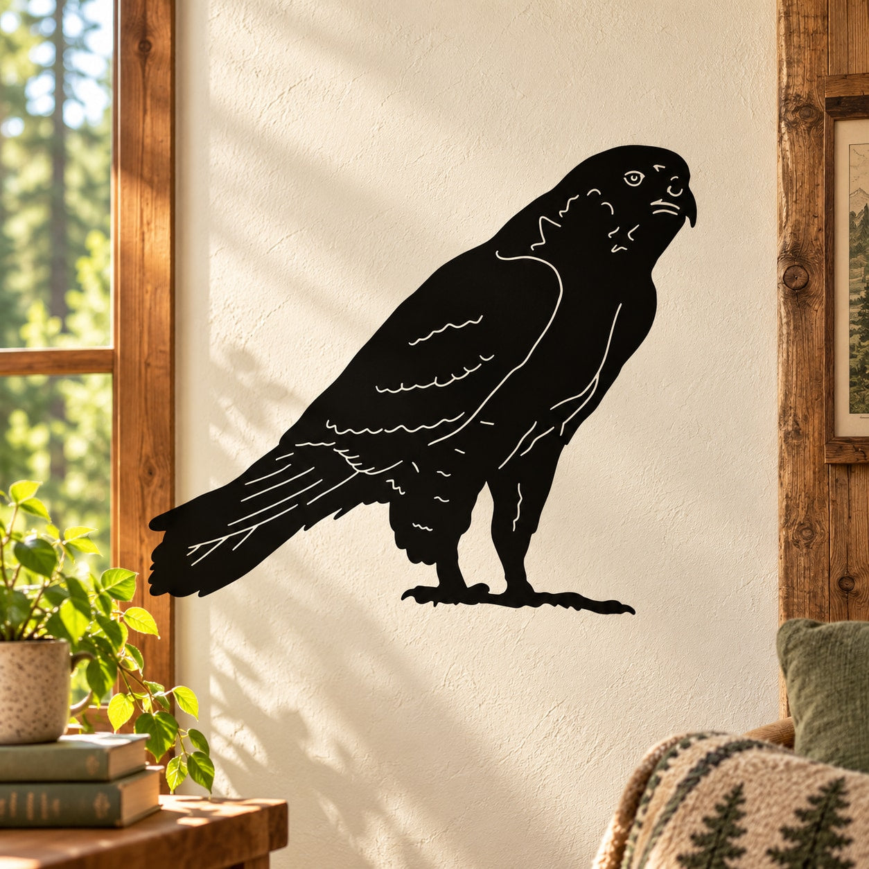 Black standing hawk silhouette wall decal with watching profile