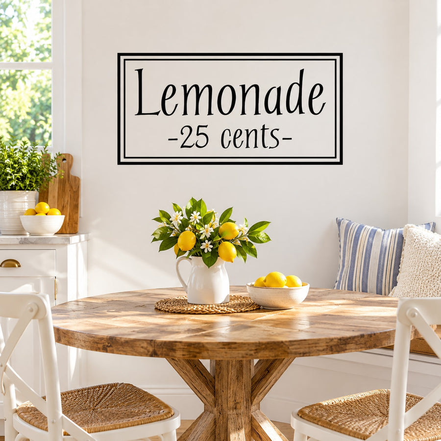 Lemonade text decal with script 'Lemonade' and '-25 cents-' in a black border rectangle