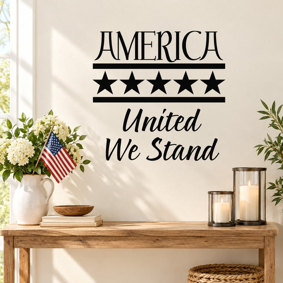 America and United We Stand wall decal with star row and striped banner