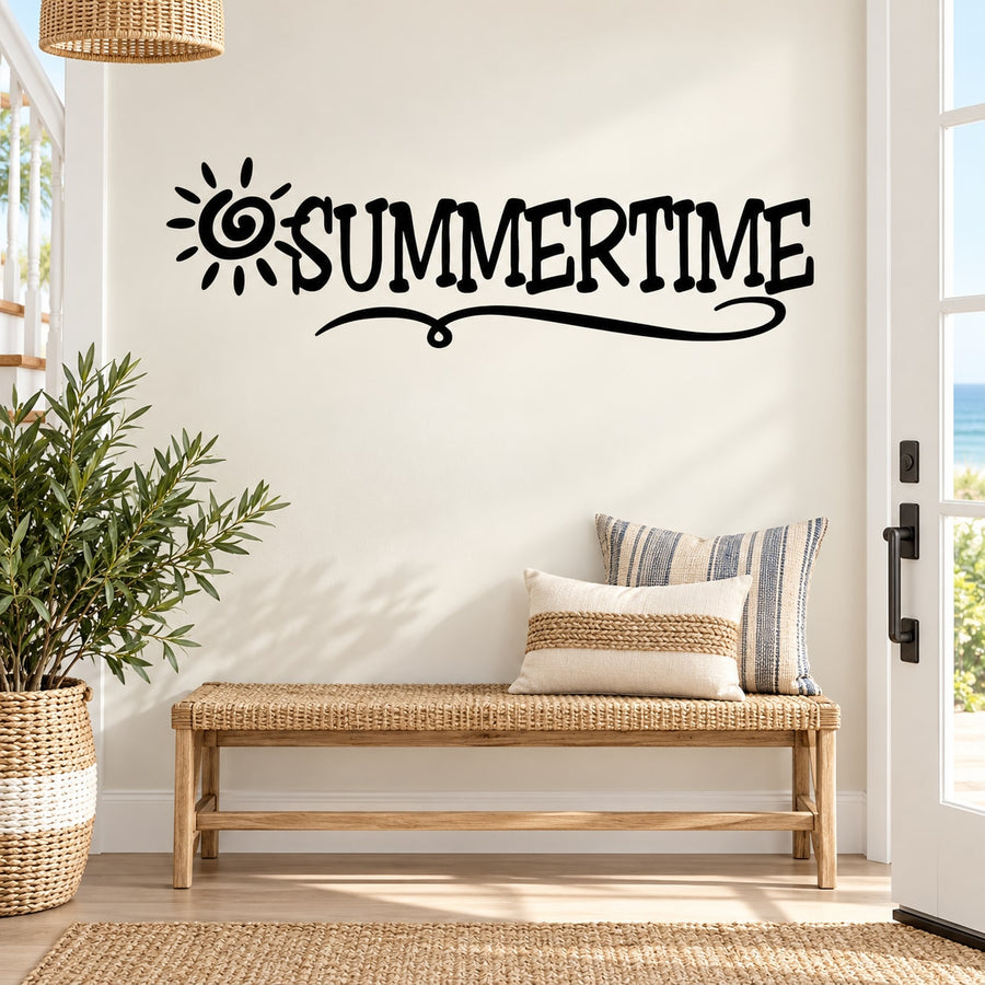 Black sunburst and SUMMERTIME wall decal, arched lettering