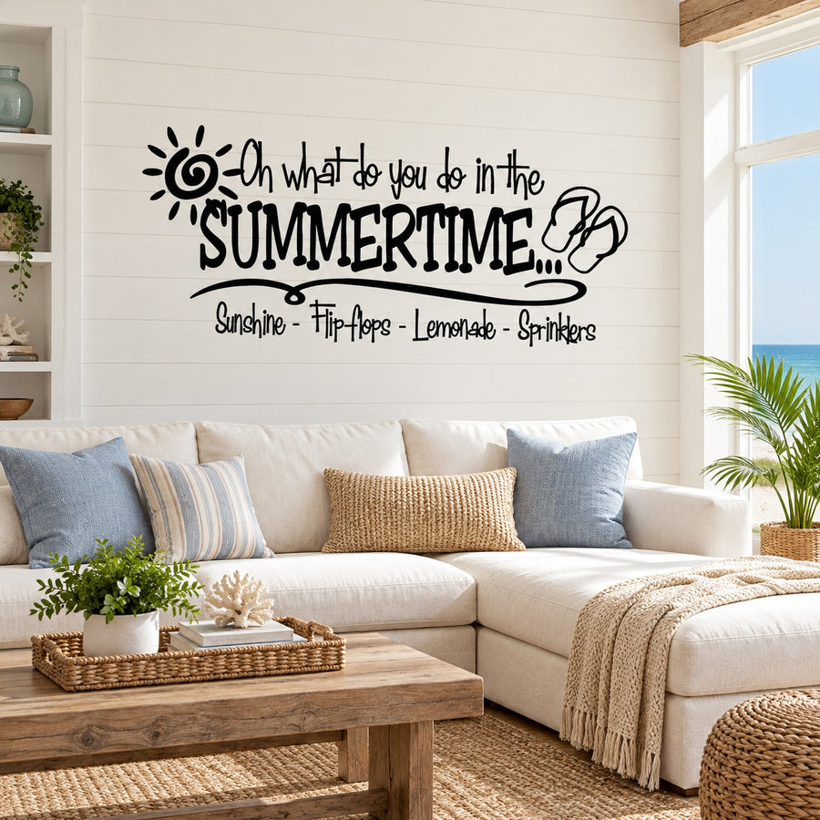 Black wall decal with sun icon and quote: 'Oh what do you do in the SUMMERTIME'