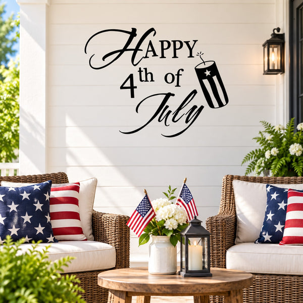 Happy 4th of July wall decal with festive script and firecracker icon