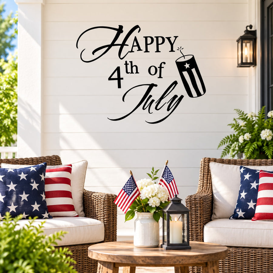 Happy 4th of July wall decal with festive script and firecracker icon