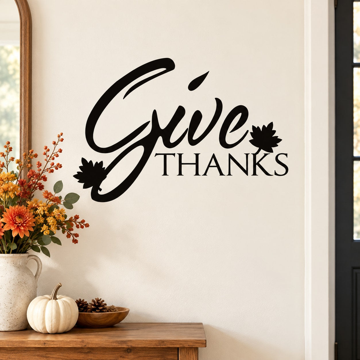Thanksgiving leaves wall decal with black "Give Thanks" lettering