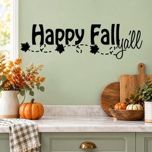 Black "Happy Fall y'all" Thanksgiving wall decal with fall leaves