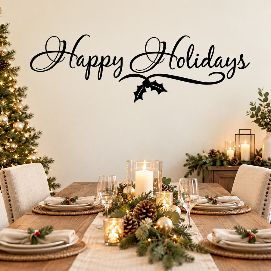 Happy Holidays script wall decal with holly beneath