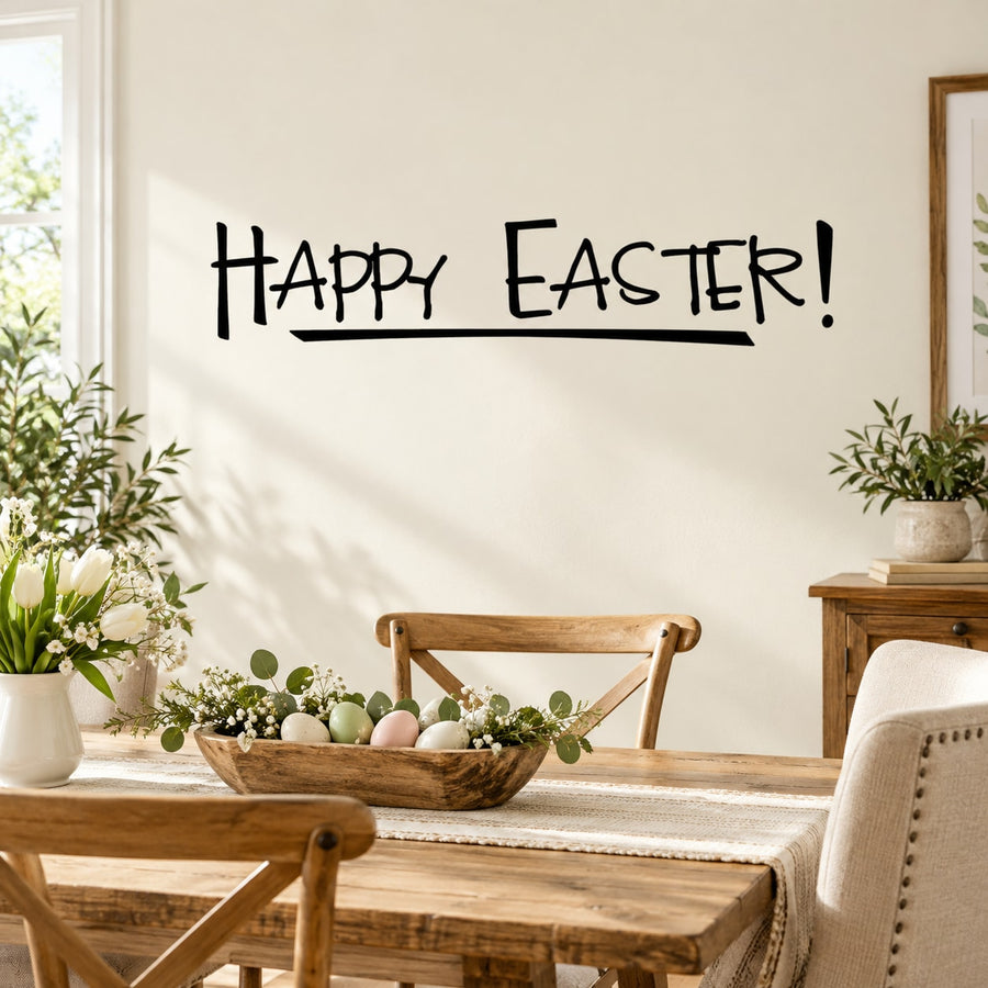 Happy Easter Exclamation Decal — illustrative vinyl decal application mockup. Surrounding objects are not included.