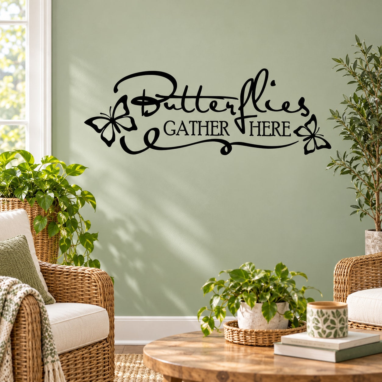 Wall decal: script 'Butterflies gather here' with butterfly outlines