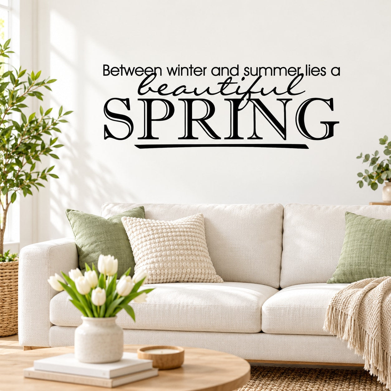 Wall decal: 'Between winter and summer lies a beautiful spring' with large 'SPRING'