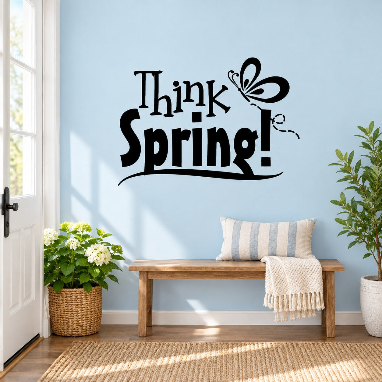 Black wall decal: 'Think Spring!' with butterfly