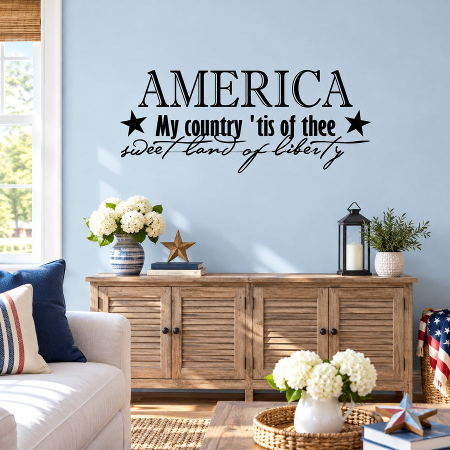Patriotic wall decal with 'AMERICA' and 'My country 'tis of thee' script and stars