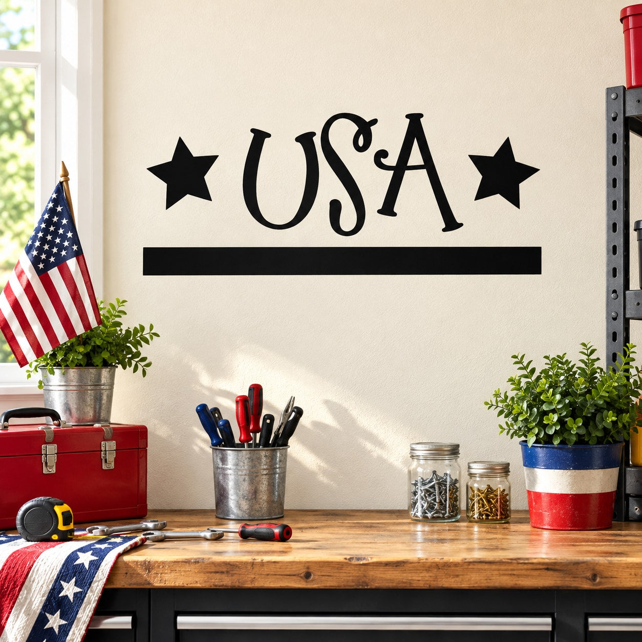 USA wall decal with black star accents and stylized USA lettering