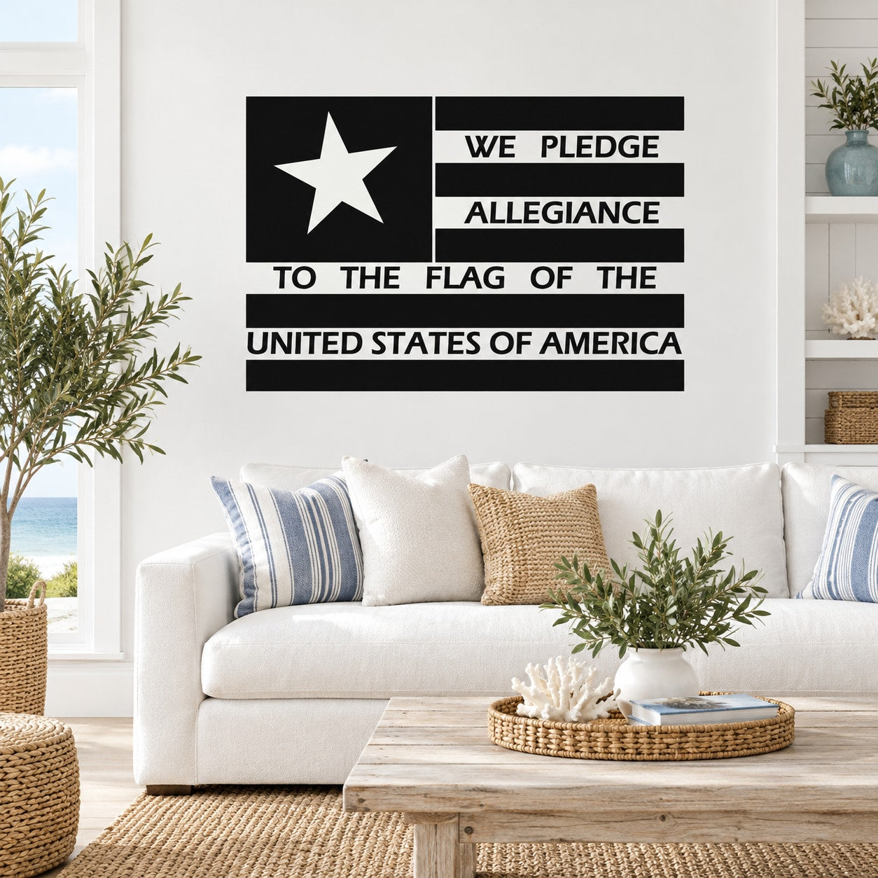 Pledge of Allegiance flag decal with black star and bold white text