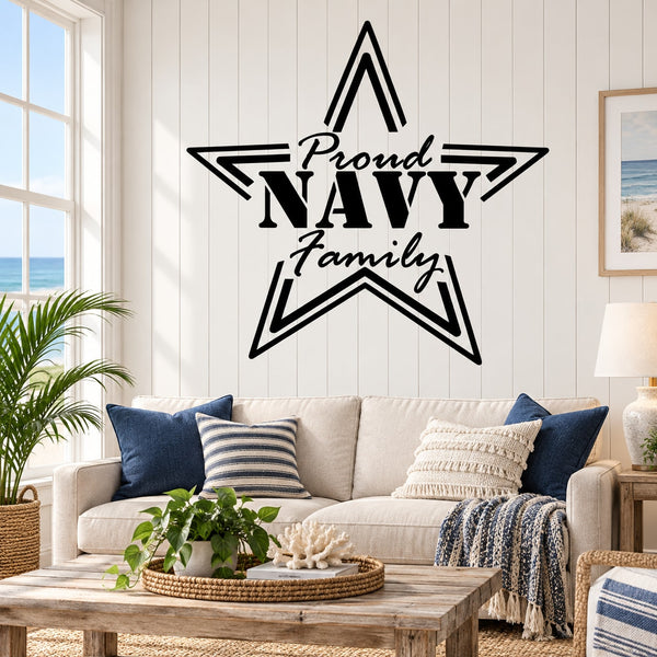 Navy family star outline wall decal with “Proud” and “Family” text