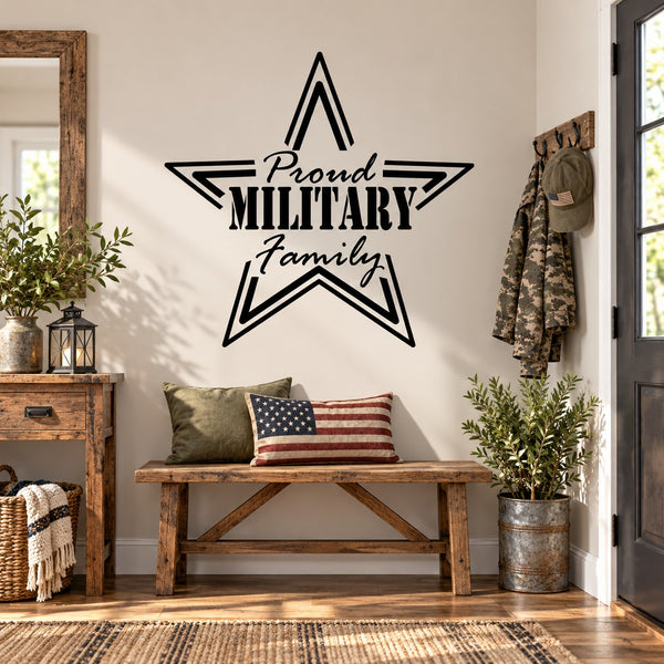 Military family wall decal with outlined star and “Proud Military Family” text