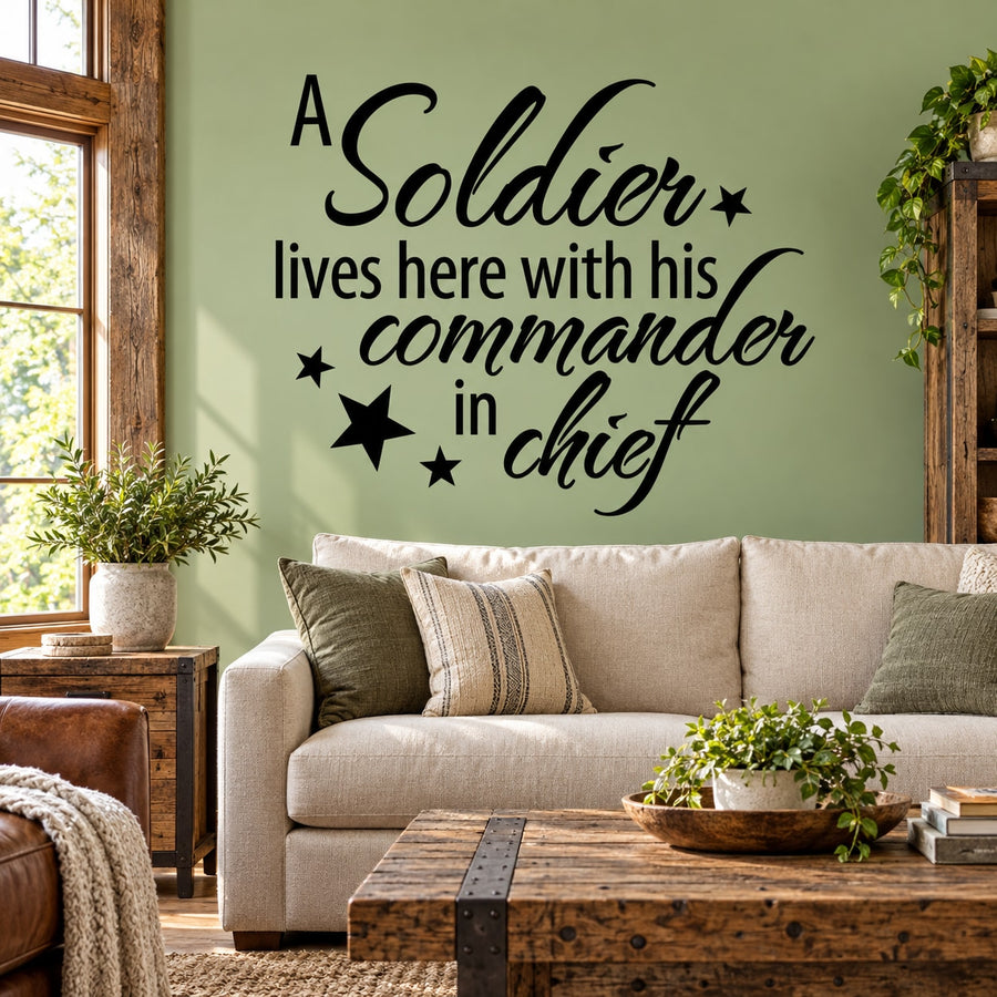 Soldier lives here wall decal text with stars and commander in chief script