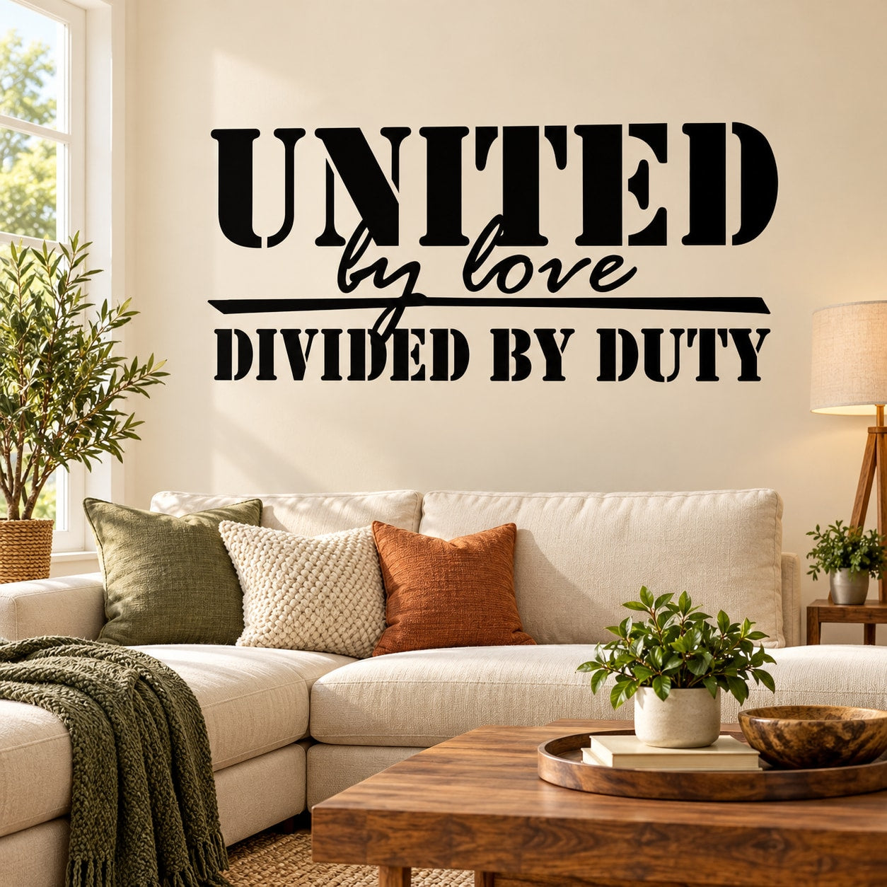 Black wall decal reading UNITED by love and DIVIDED BY DUTY