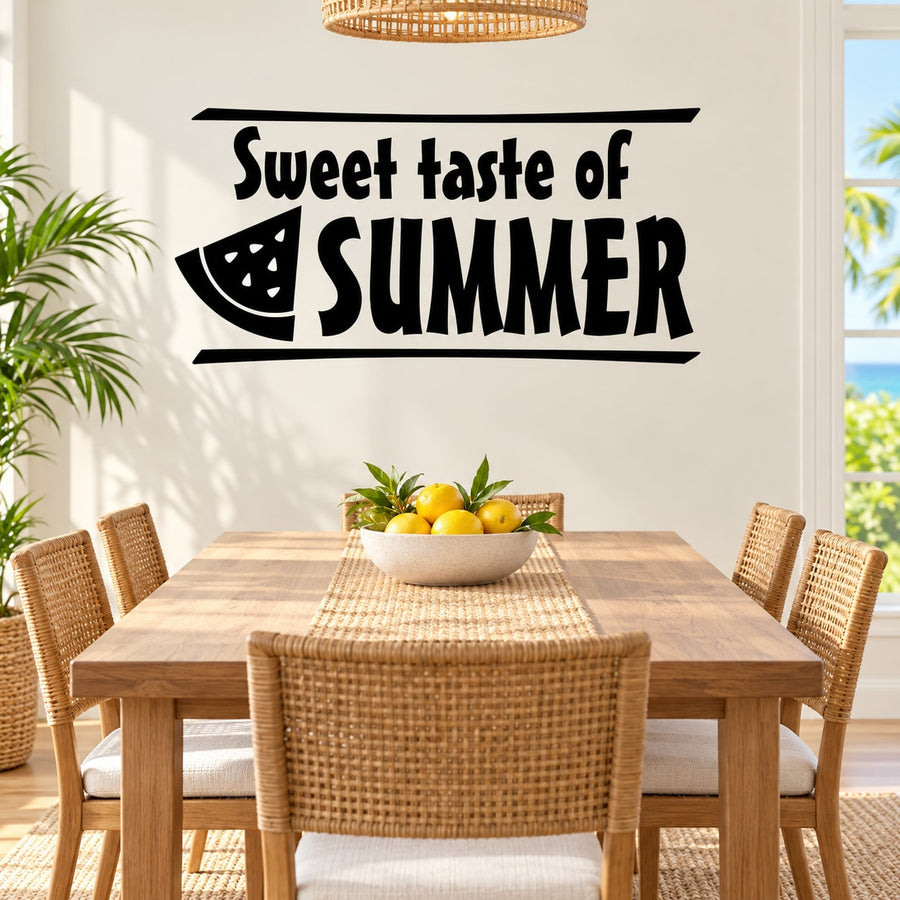 Black wall decal reading "Sweet taste of SUMMER" with watermelon slice graphic