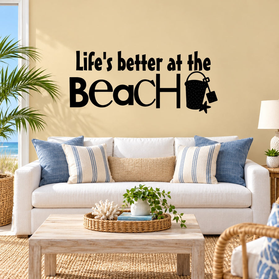 Beach wall decal reading "Life's better at the Beach" with surfboard icon