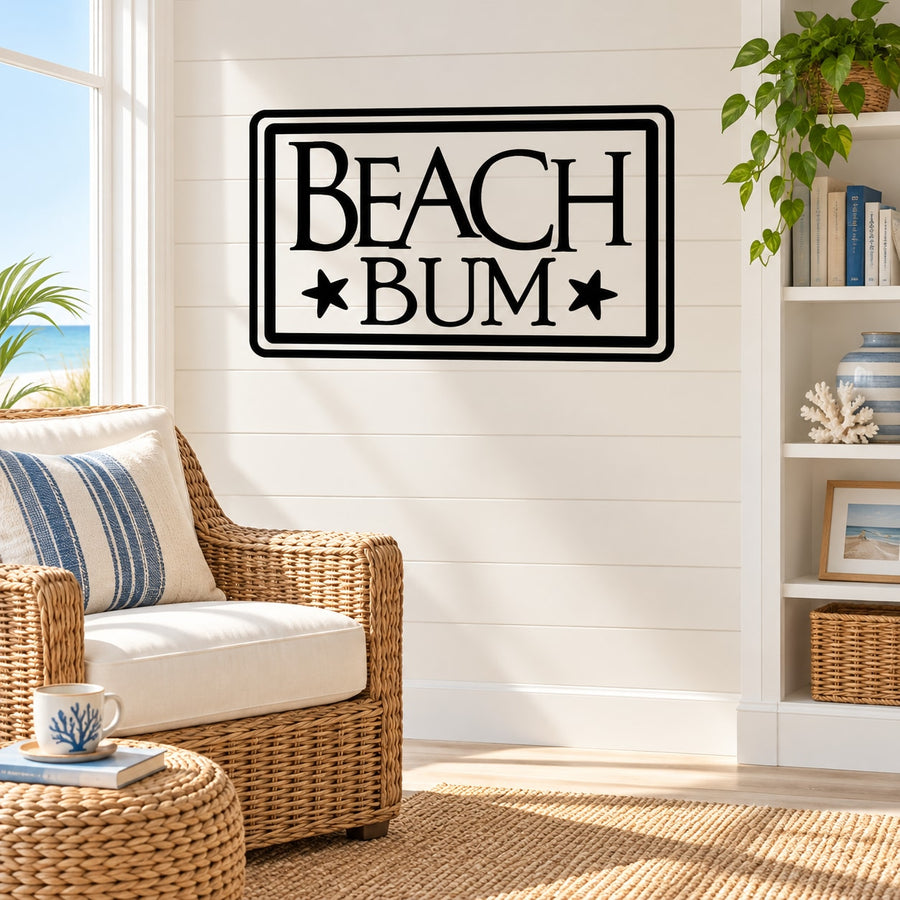 Beach bum wall decal with black border and bold BEACH BUM lettering