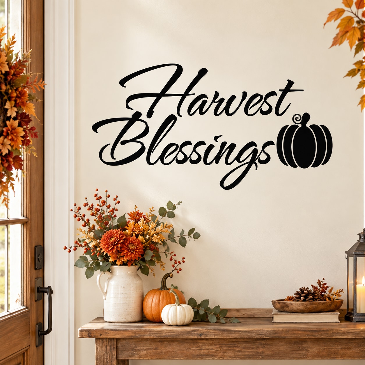 Thanksgiving Harvest Blessings pumpkin wall decal in black script with two pumpkin icons