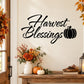 Thanksgiving Harvest Blessings pumpkin wall decal in black script with two pumpkin icons
