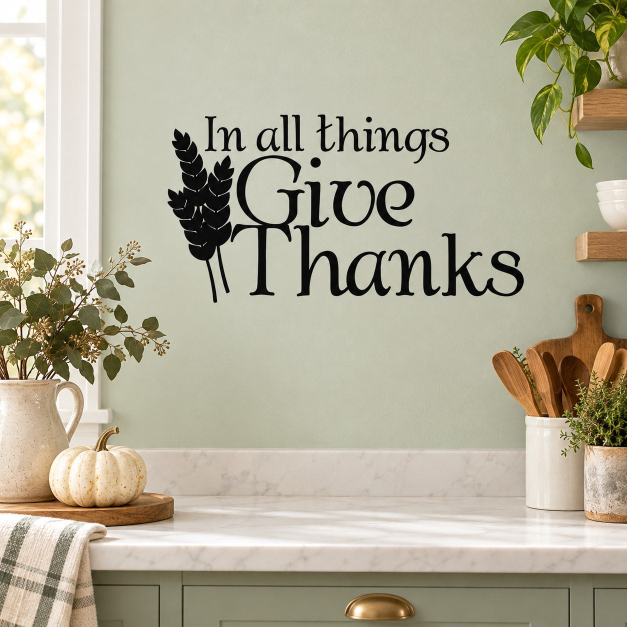 Wall decal with “In all things Give Thanks” script and leaf graphic