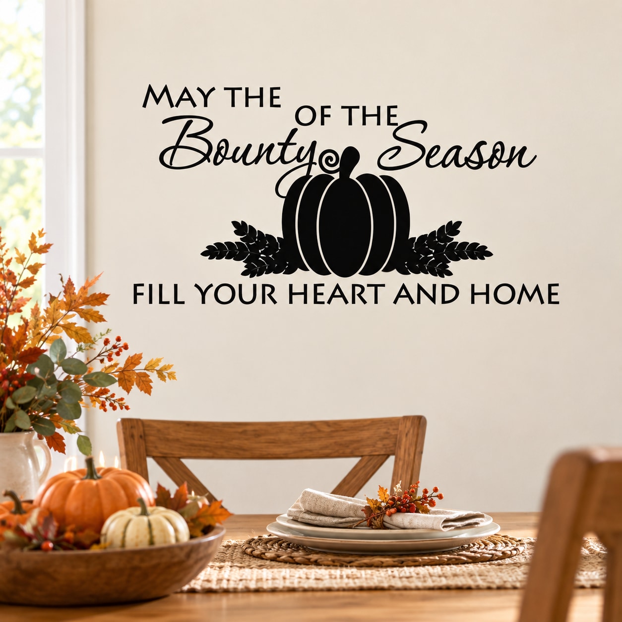 Thanksgiving wall decal with black pumpkin and text: 'May the Bounty of the Season'