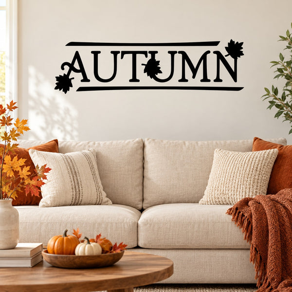 Black AUTUMN wall decal with leaf accents and fall lettering