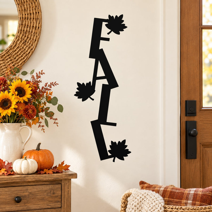 Black vertical fall word decal with leaf cutout motifs