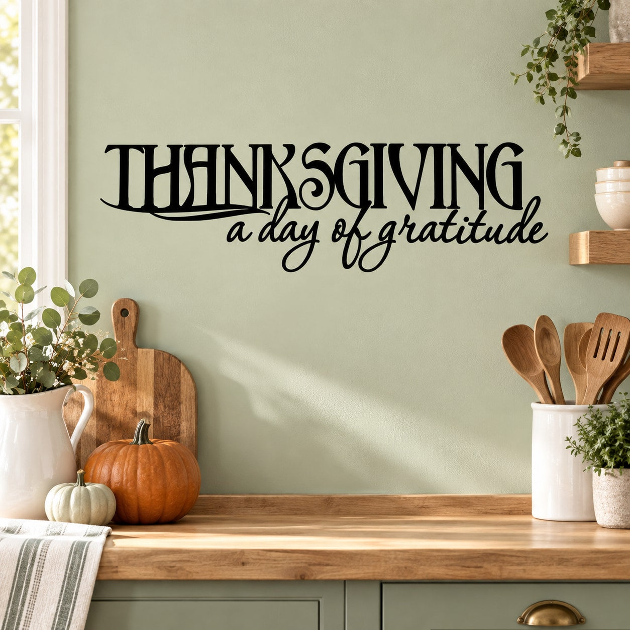 Thanksgiving wall decal with black lettering 'Thanksgiving' and script 'a day of gratitude'