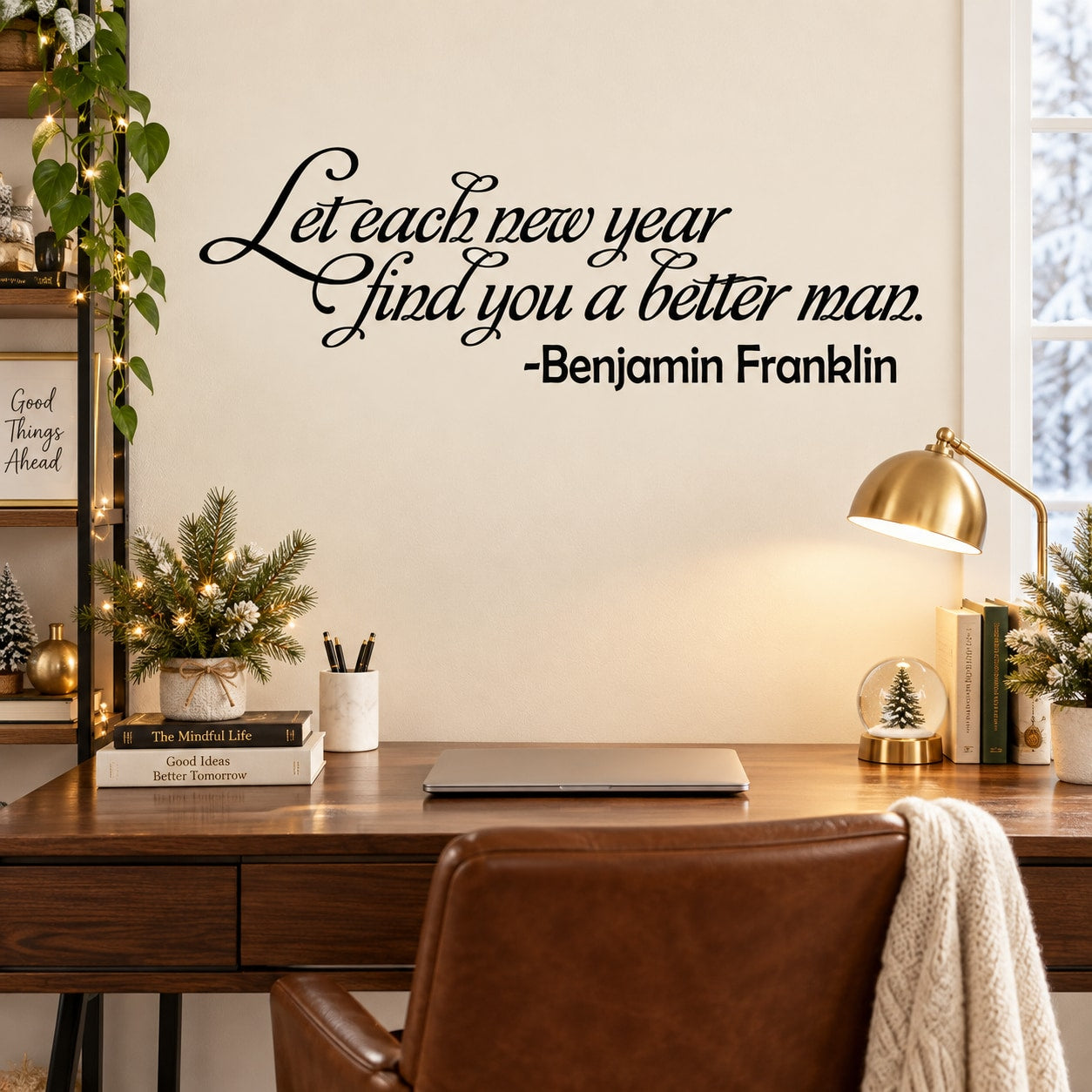 Black cursive quote wall decal: “Let each new year find you a better man.”