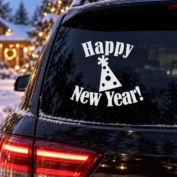 Happy New Year decal sticker on dark car window with party hat design