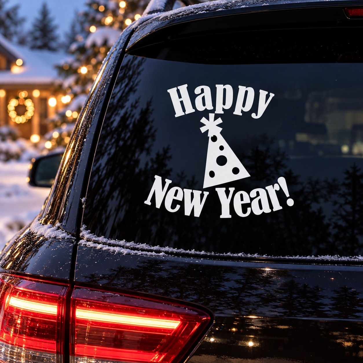 Happy New Year decal sticker on dark car window with party hat design