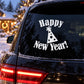 Happy New Year decal sticker on dark car window with party hat design
