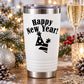 Happy New Year party decal on white tumbler with black tree and star graphics