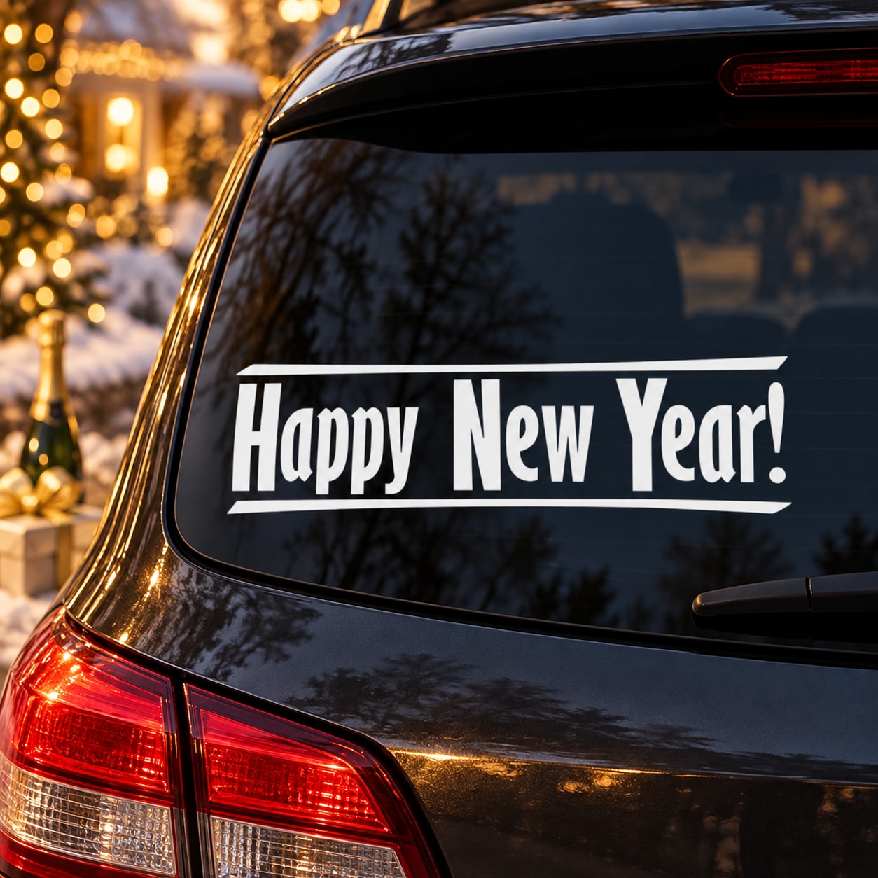 Happy New Year! white line-style decal sticker for car rear window