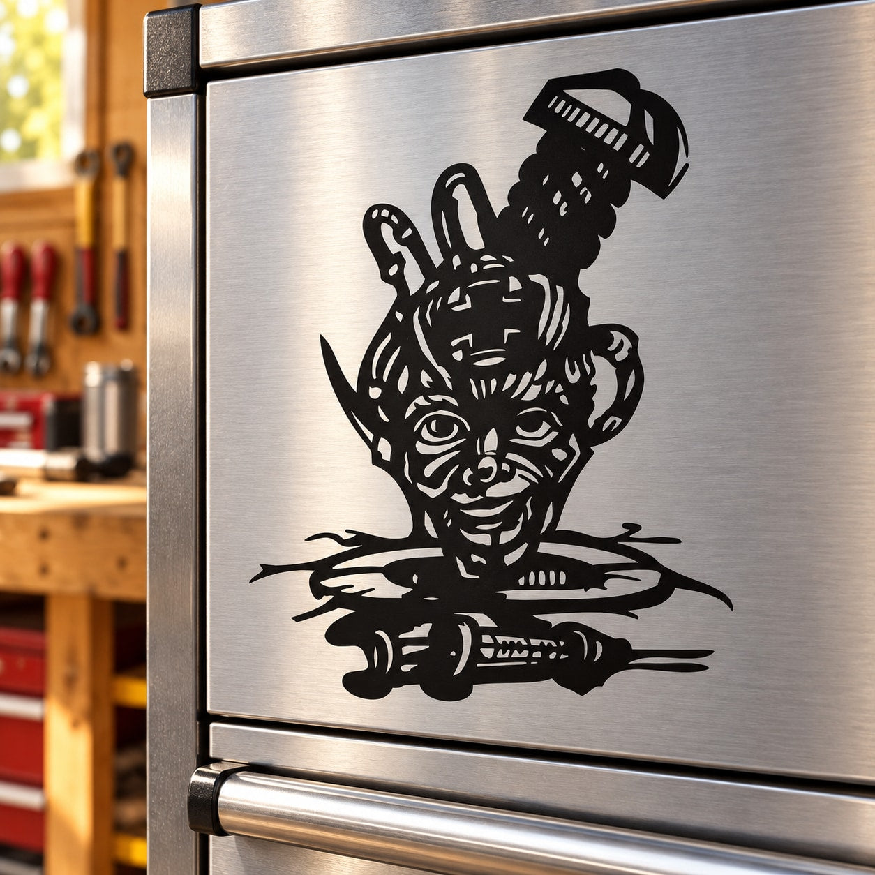 Black needle and screw-head stylized tool decal on brushed metal surface