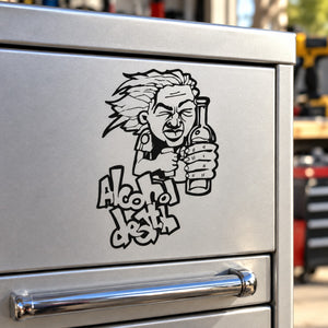Alcohol death decal sticker: skull-faced cartoon holding beer bottle design.