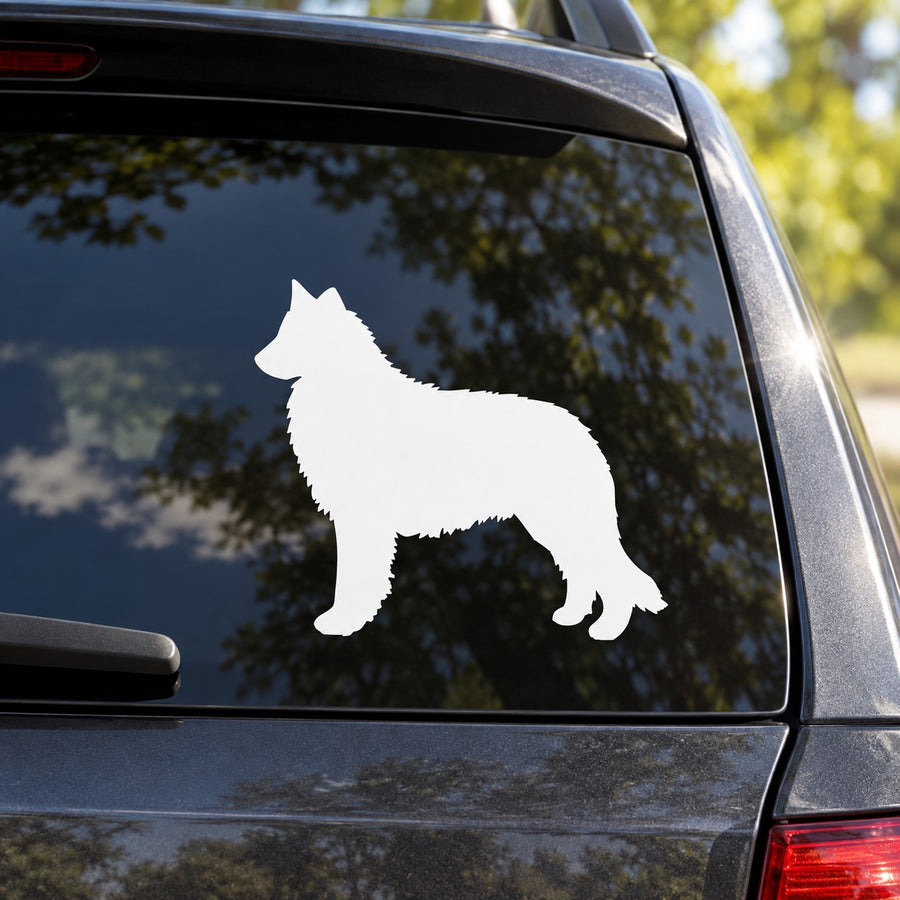 Belgian Sheep Dog decal, white dog silhouette on car window