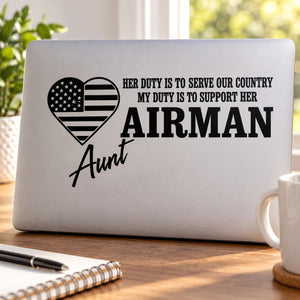 Airman Aunt Her Duty Decal — illustrative vinyl decal application mockup. Surrounding objects are not included.