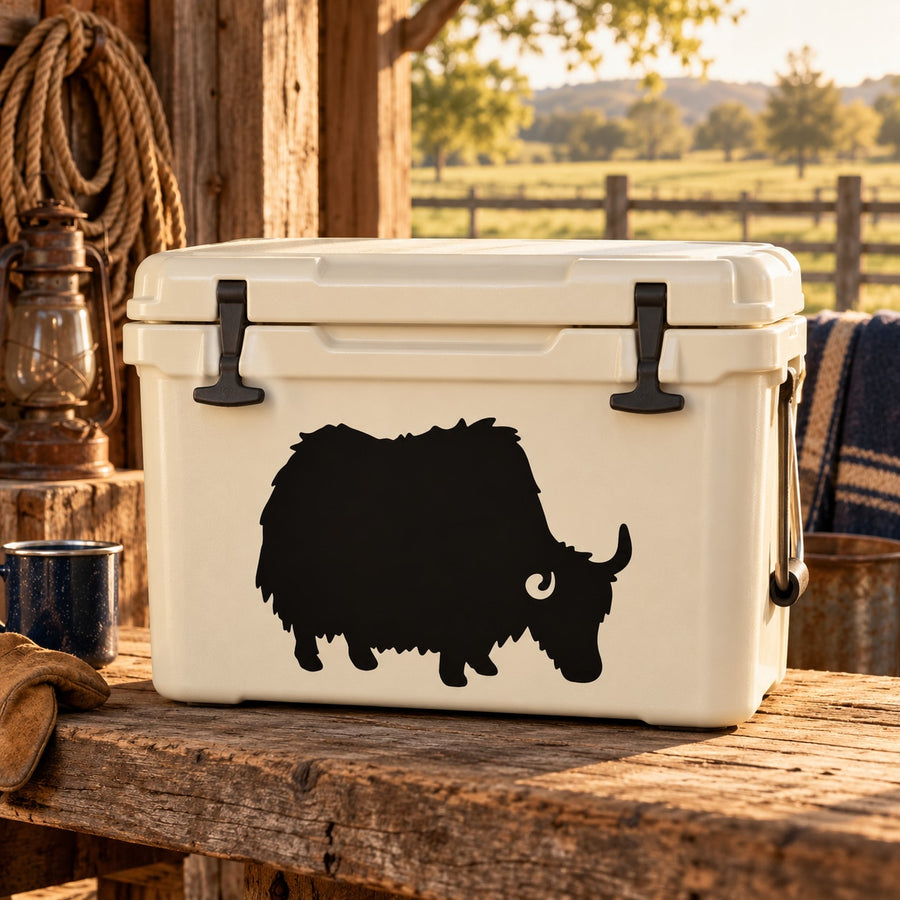 Black Highland bull decal on front of white cooler with black latch handles